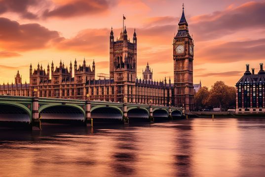 Big Ben and the Houses of Parliament at sunset in London, UK  ,Generative AI